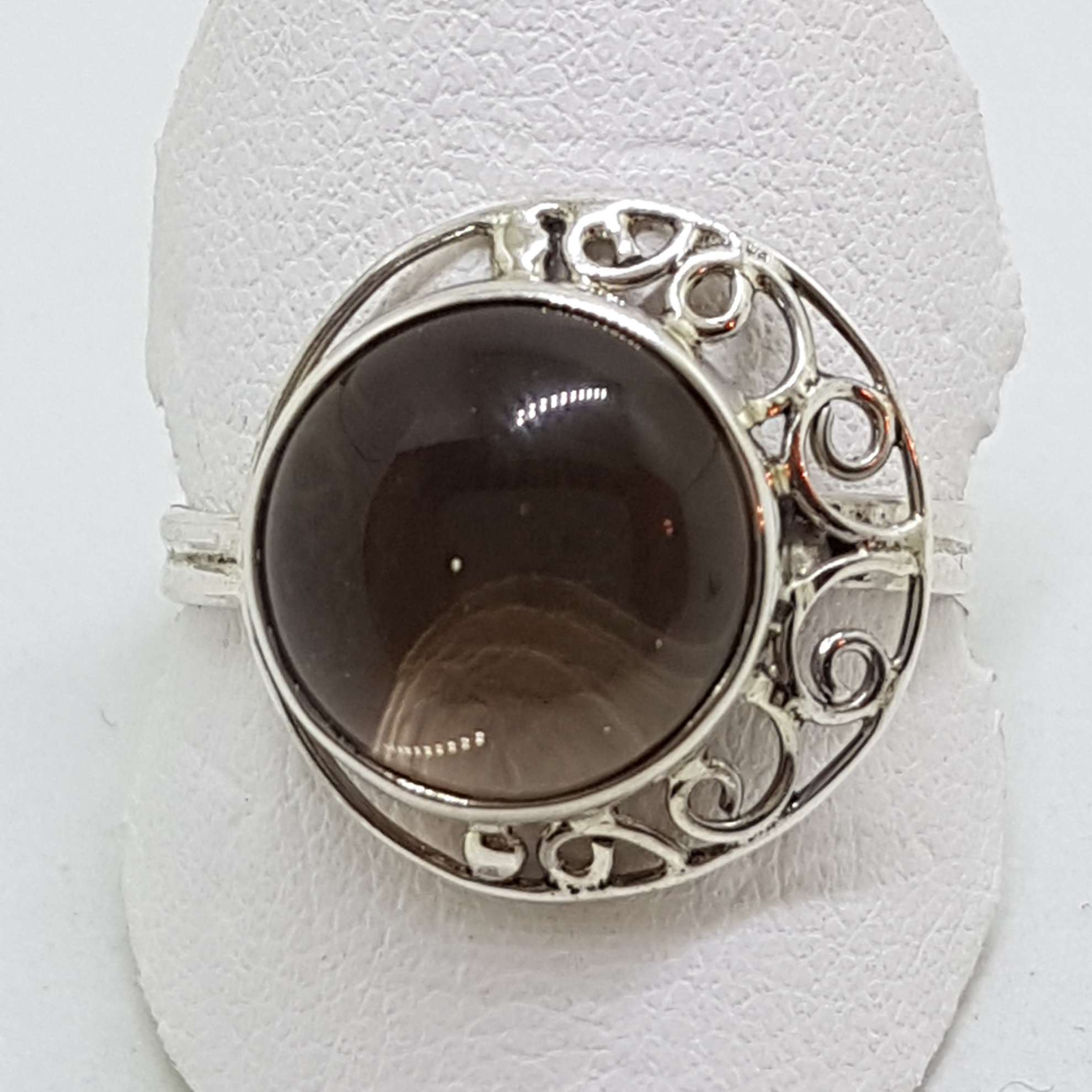 Sterling Silver Round Ornate Filigree Cabochon Cut Smokey Quartz Ring