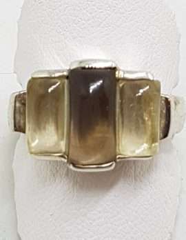Sterling Silver Rectangular Cabochon Cut Light and Dark Smokey Quartz Ring