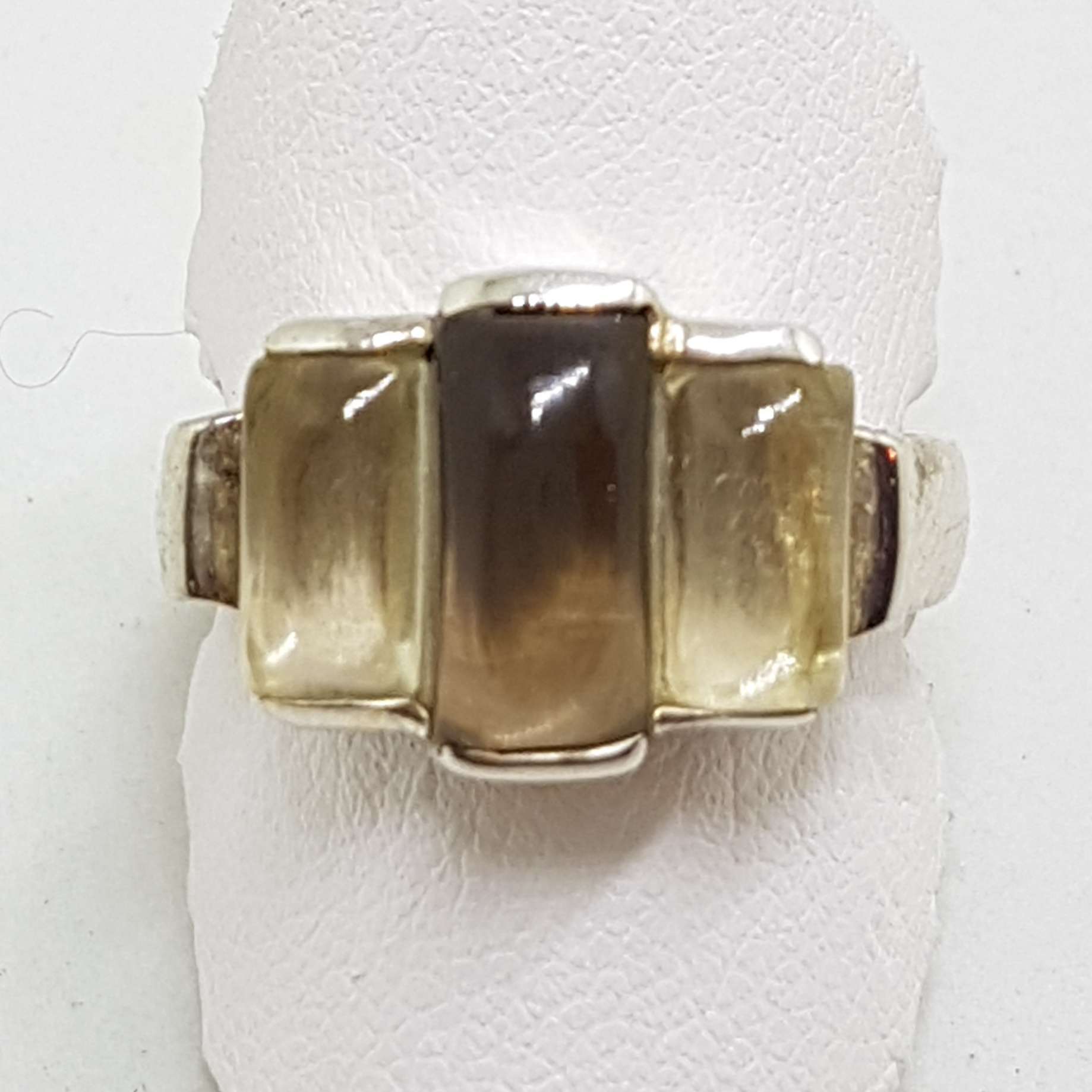 Sterling Silver Rectangular Cabochon Cut Light and Dark Smokey Quartz Ring