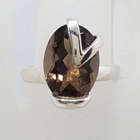 Sterling Silver Oval with Design Over Smokey Quartz Ring