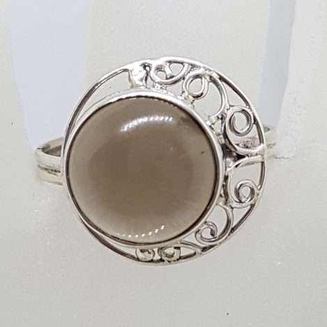 Sterling Silver Round Ornate Filigree Cabochon Cut Smokey Quartz Ring