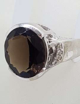 Sterling Silver Large Round Smokey Quartz and Cubic Zirconia Ring