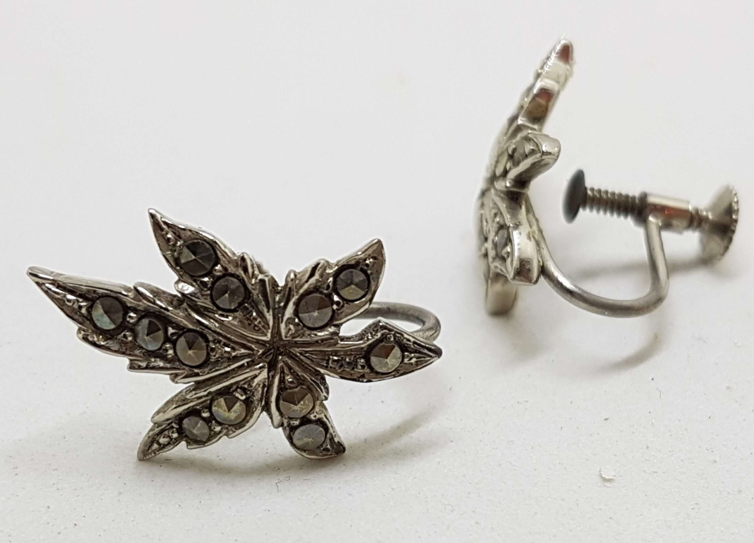 Sterling Silver Vintage Marcasite Screw-On Earrings - Leaves
