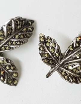 Sterling Silver Vintage Marcasite Clip-On Earrings - Large Leaves