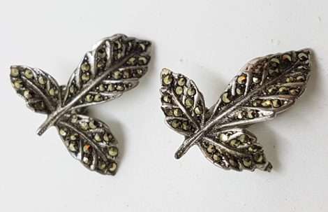 Sterling Silver Vintage Marcasite Clip-On Earrings - Large Leaves