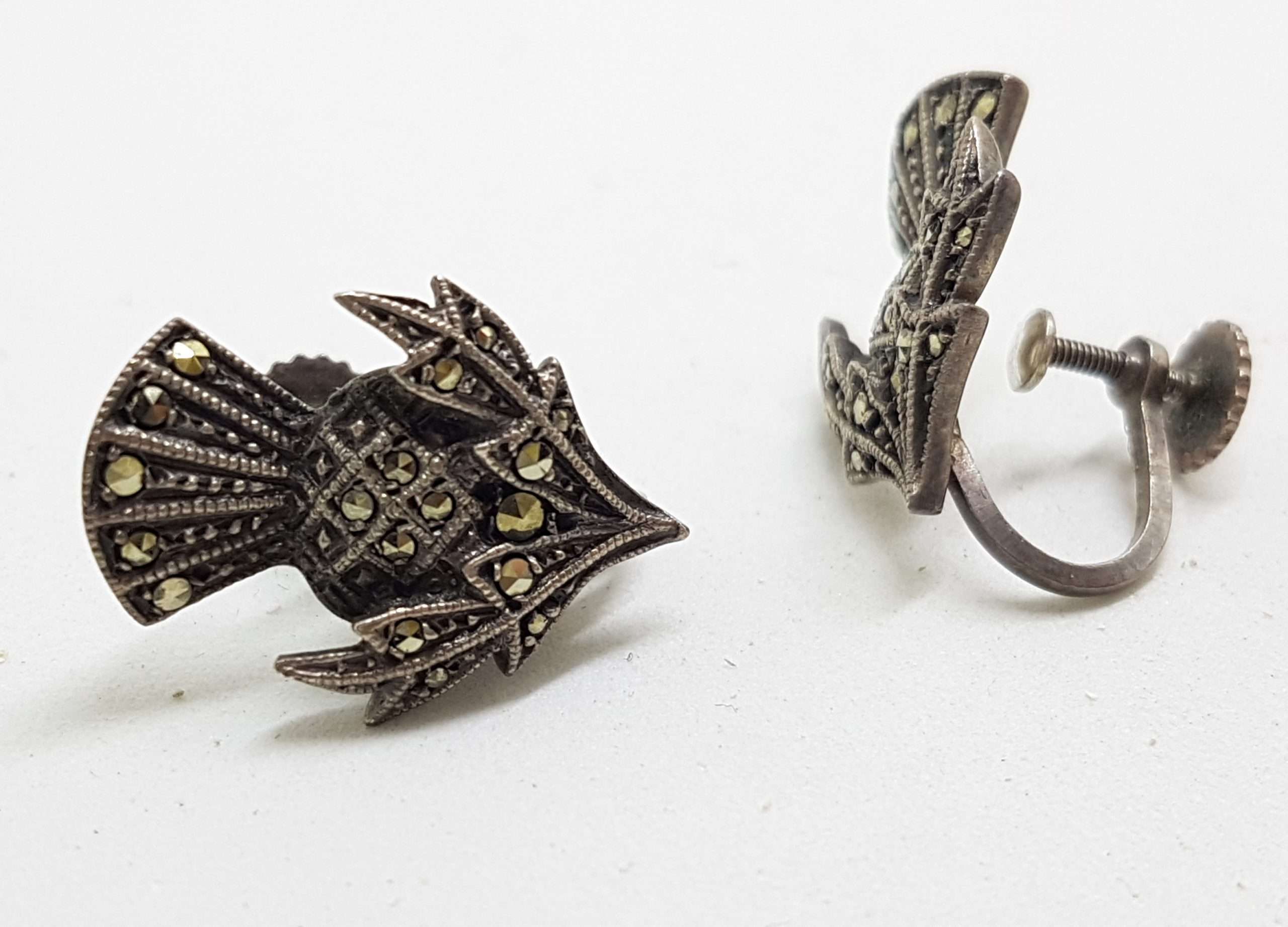 20200910_175034 Sterling Silver Vintage Marcasite Screw-On Earrings - Scottish Thistle