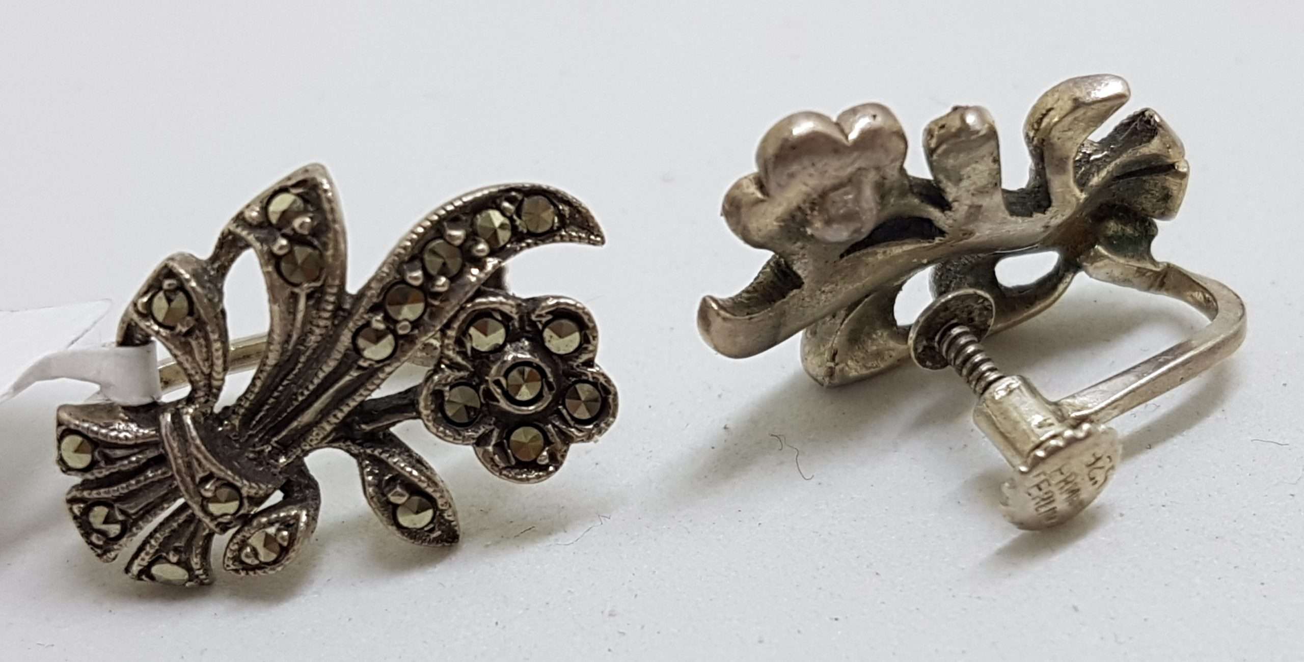 Sterling Silver Vintage Marcasite Screw-On Earrings - Flowers