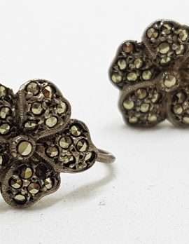 Sterling Silver Vintage Marcasite Screw-On Earrings - Flower