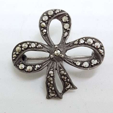 Sterling Silver Vintage Marcasite Brooch - Ribbon / Bow