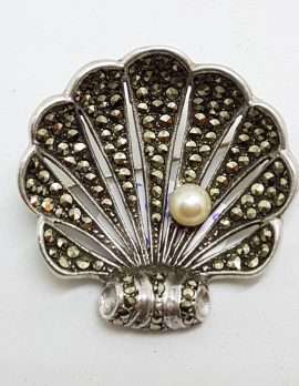 Sterling Silver Vintage Marcasite Brooch - Large Shell with Pearl