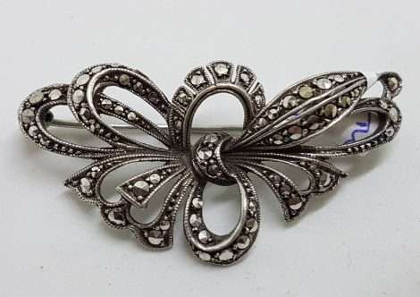 Sterling Silver Vintage Marcasite Brooch - Large Ornate Bow