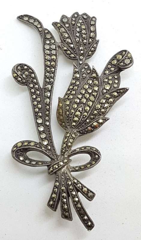 Sterling Silver Vintage Marcasite & Large Lily Floral Bouquet Brooch