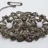 Sterling Silver Vintage Marcasite & Onyx Brooch – Very Large Ornate Filigree with White