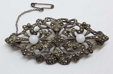 Sterling Silver Vintage Marcasite & Onyx Brooch – Very Large Ornate Filigree with White