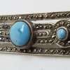 Sterling Silver Vintage Marcasite & Onyx Brooch – Wide With Larimar