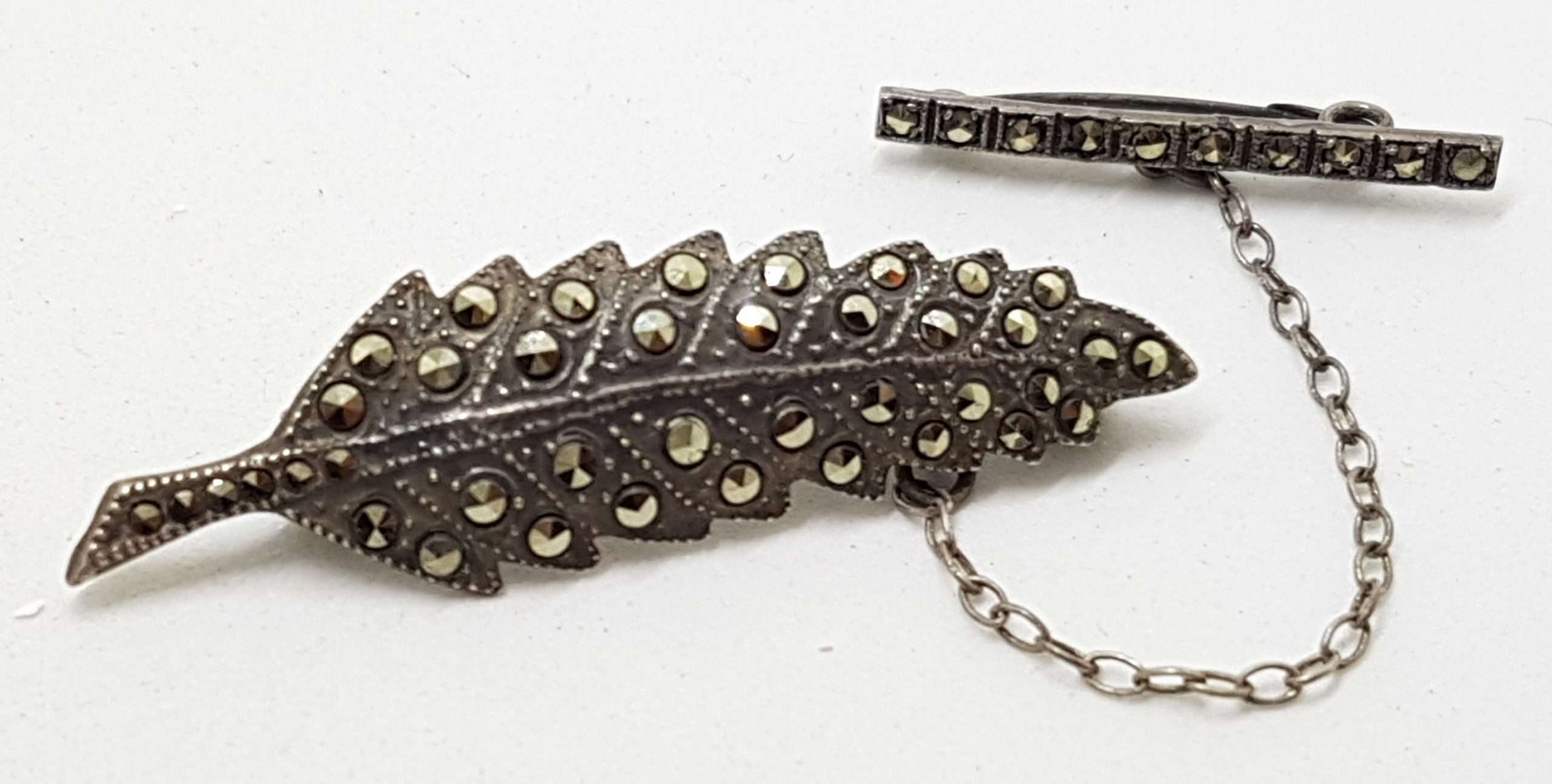 Sterling Silver Vintage Marcasite Brooch Leaf