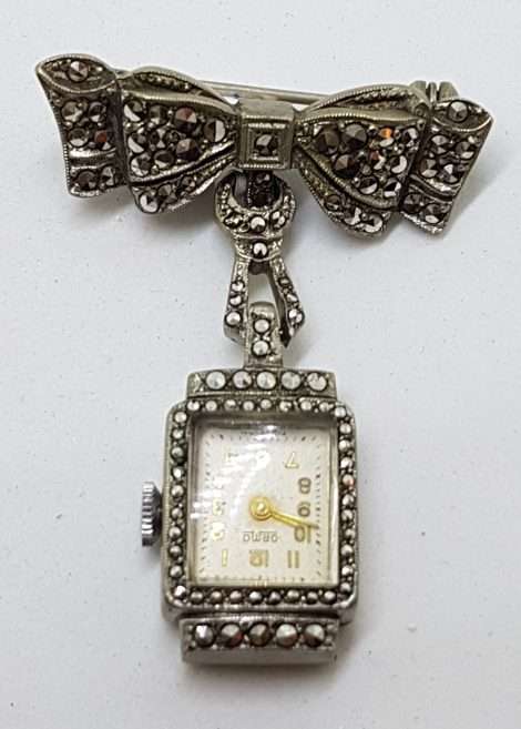 Sterling Silver Vintage Marcasite Brooch – Large Nurses Watch on Bow