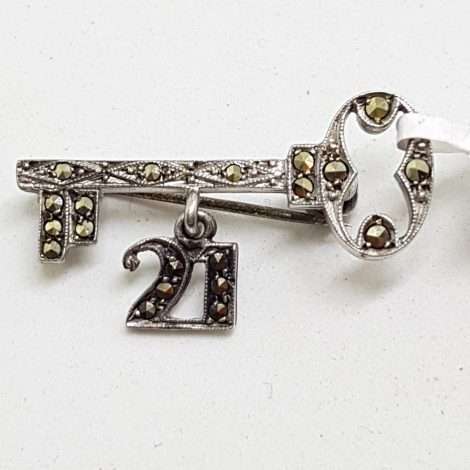 Sterling Silver Vintage Marcasite Brooch – 21st Birthday Key
