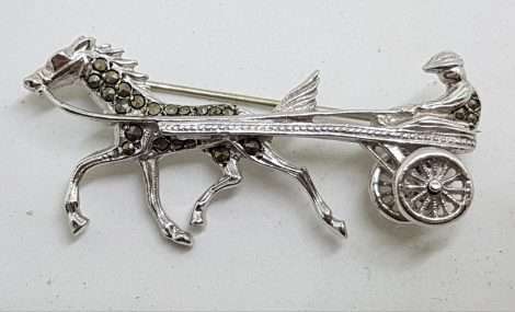 Sterling Silver Vintage Marcasite Brooch – Harness Racing - Horse Trotter / Trotting