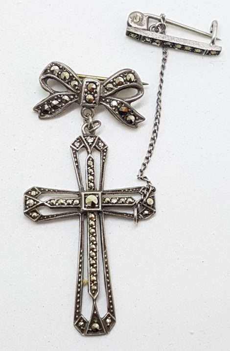 Sterling Silver Vintage Marcasite Brooch – Large Cross / Crucifix on Bow