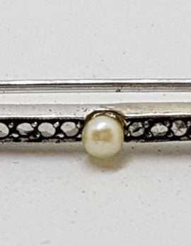 Sterling Silver Vintage Marcasite with Pearls Bar Brooch
