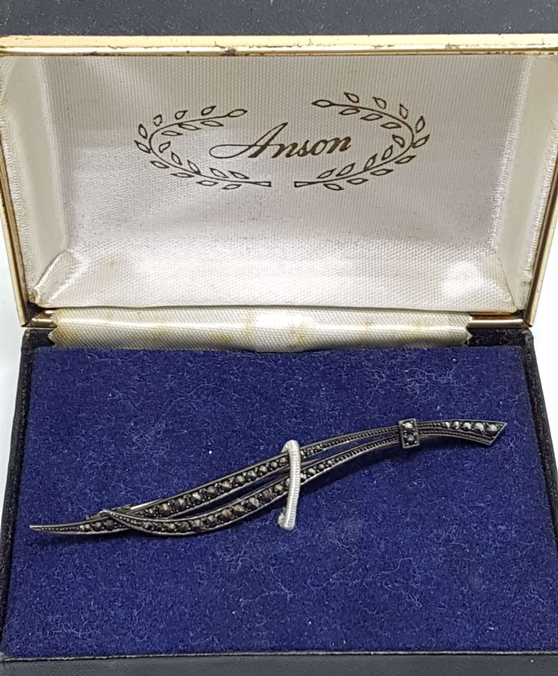 Sterling Silver Vintage Marcasite Long Curved Leaf Brooch