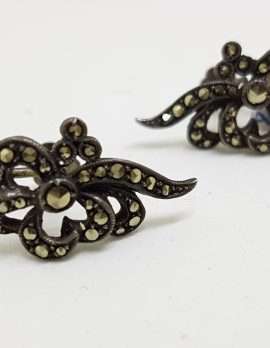 Sterling Silver Vintage Marcasite Screw-On Earrings - Flower Curved