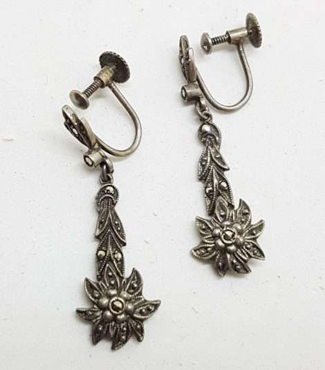Sterling Silver Vintage Marcasite Screw-On Earrings - Edelweiss Flower Long Drop