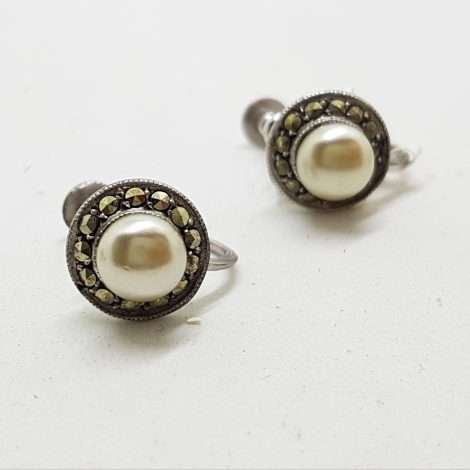 Sterling Silver Vintage Marcasite Screw-On Earrings - Round Pearl