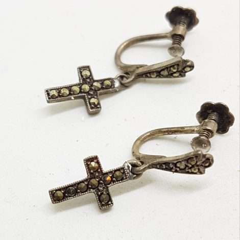 Sterling Silver Vintage Marcasite Screw-On Earrings - Long Cross / Crucifix Drop