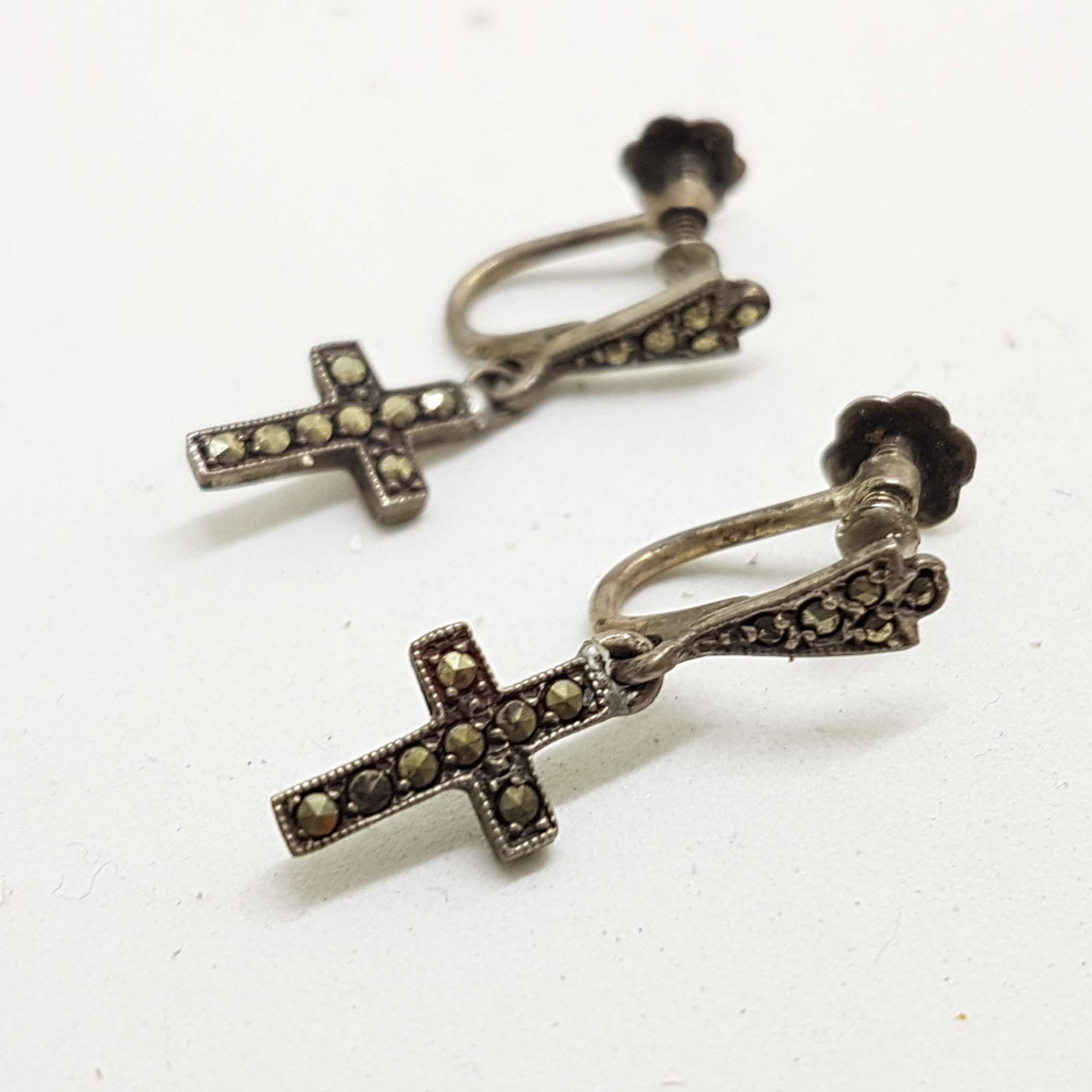 Sterling Silver Vintage Marcasite Screw-On Earrings - Long Cross / Crucifix Drop
