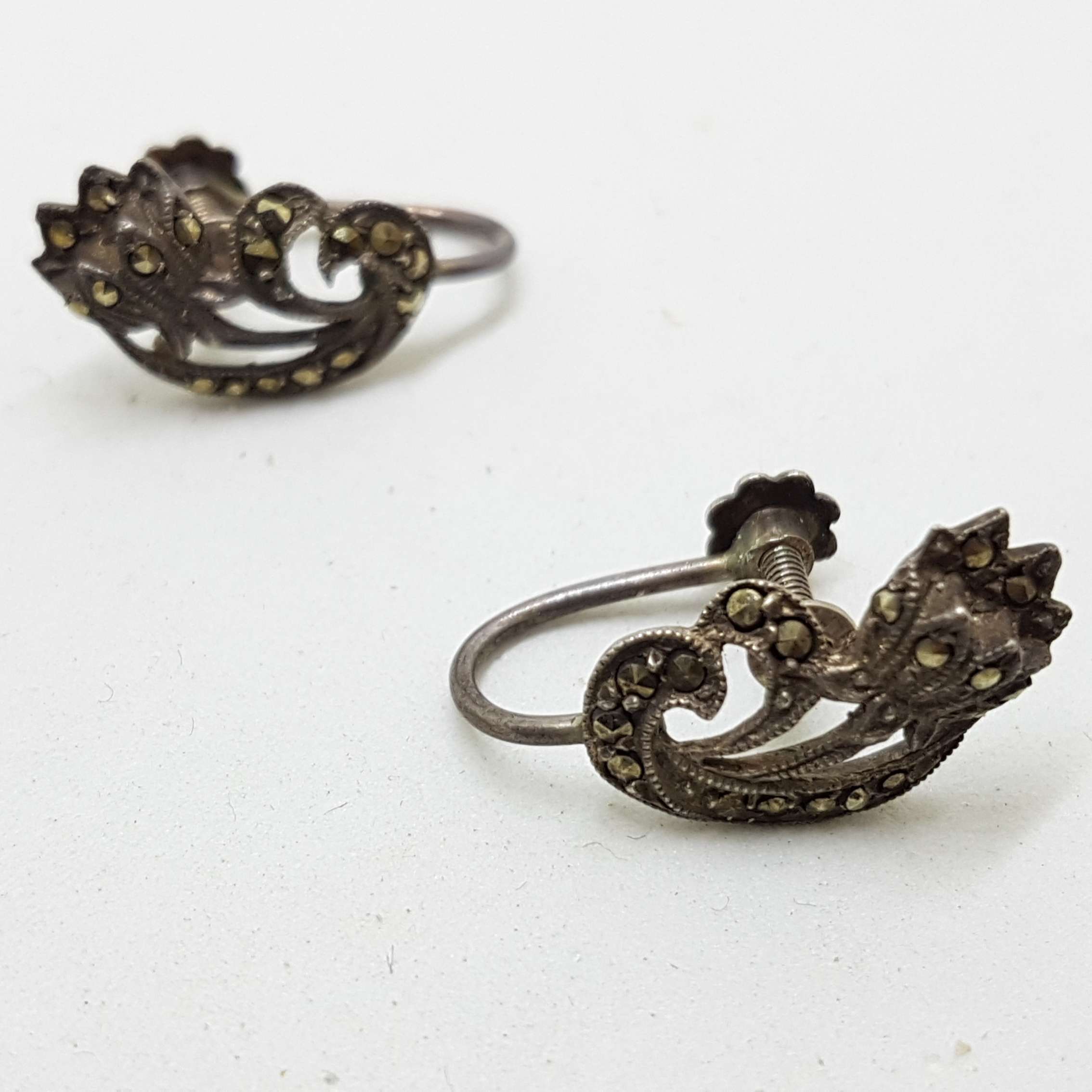 Sterling Silver Vintage Marcasite Screw-On Earrings - Curved Flower