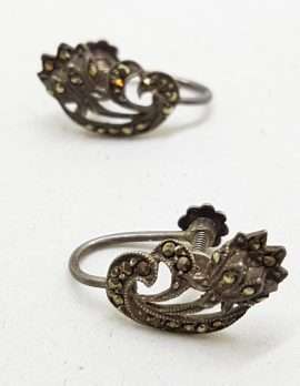 Sterling Silver Vintage Marcasite Screw-On Earrings - Curved Flower