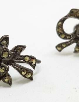 Sterling Silver Vintage Marcasite Screw-On Earrings - Flower with Ribbons