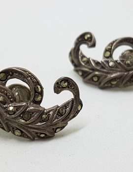 Sterling Silver Vintage Marcasite Screw-On Earrings - Curved Leaf