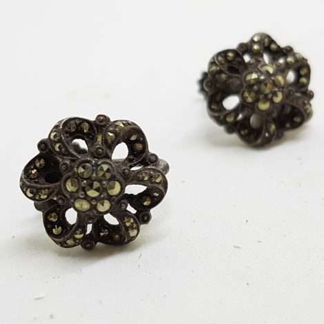 Sterling Silver Vintage Marcasite Screw-On Earrings - Ornate Flower