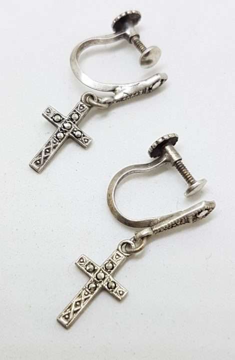 Sterling Silver Vintage Marcasite Screw-On Earrings - Long Cross / Crucifix Drop
