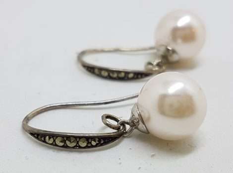 Sterling Silver Vintage Marcasite Earrings - Long Faux Pearl