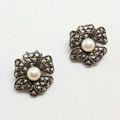 Sterling Silver Vintage Marcasite Screw-On Earrings - Flower with Pearl