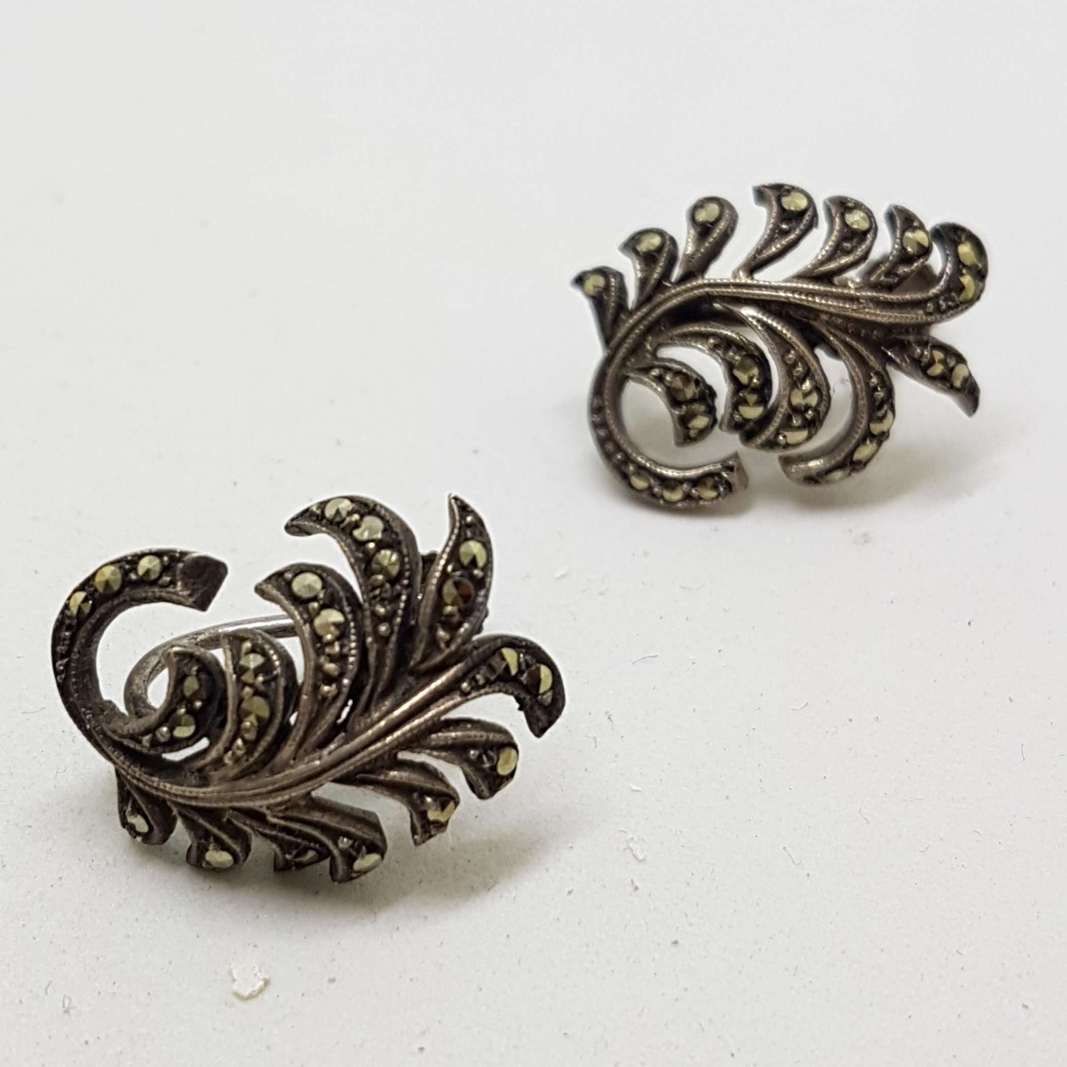 Sterling Silver Vintage Marcasite Clip -On Earrings - Leaf Spray