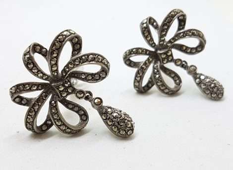 Sterling Silver Vintage Marcasite Clip-On Earrings - Large Bow with Drop
