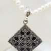 Sterling Silver Marcasite, Cubic Zirconia & Onyx Large Ornate Square Enhancer Pendant on Pearl Chain