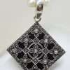 Sterling Silver Marcasite, Cubic Zirconia & Onyx Large Ornate Square Enhancer Pendant on Pearl Chain