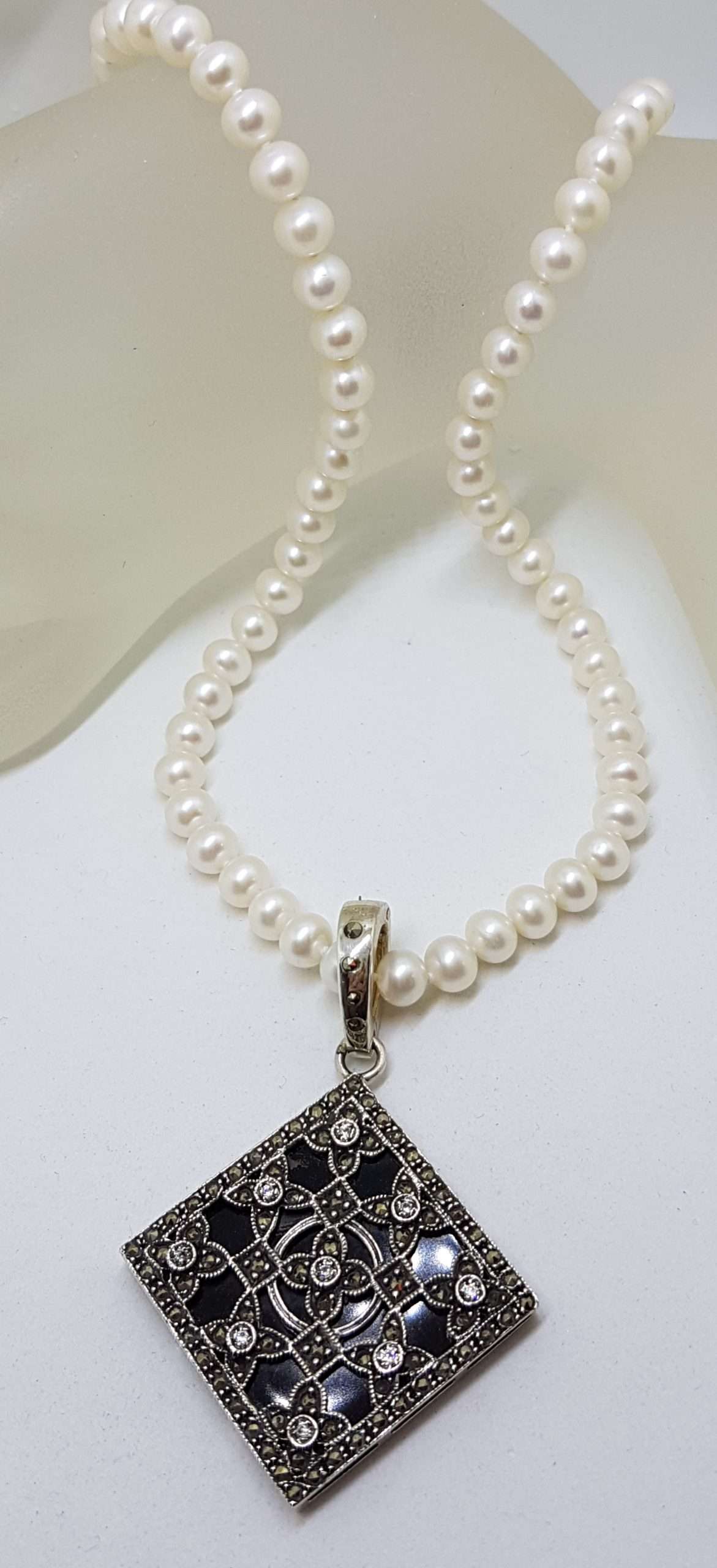 Sterling Silver Marcasite, Cubic Zirconia & Onyx Large Ornate Square Enhancer Pendant on Pearl Chain