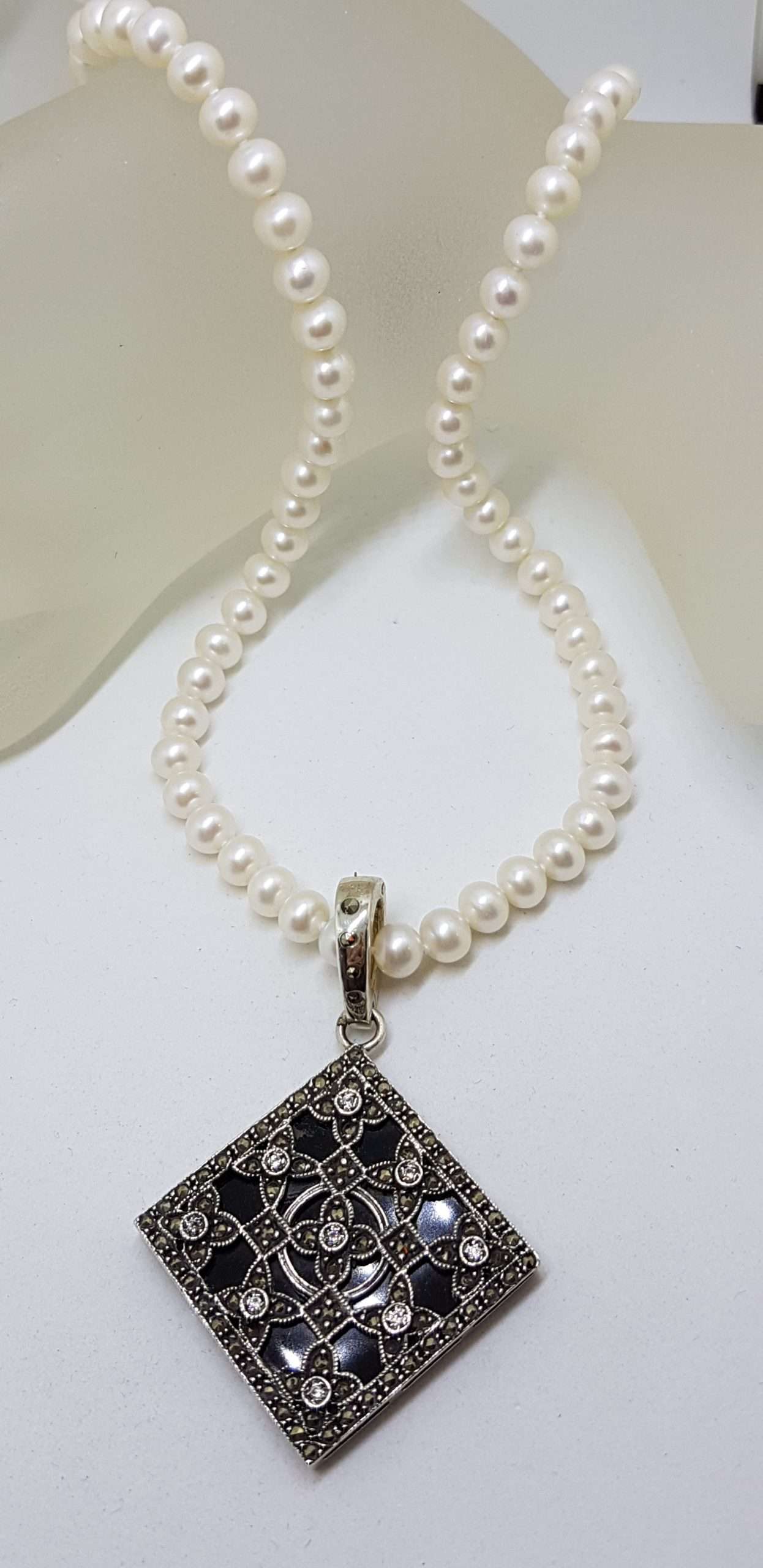 Sterling Silver Marcasite, Cubic Zirconia & Onyx Large Ornate Square Enhancer Pendant on Pearl Chain