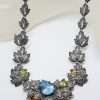 Sterling Silver Marcasite, Topaz, Amethyst, Garnet, Peridot and Citrine Ornate Leaf Collier Necklace / Chain