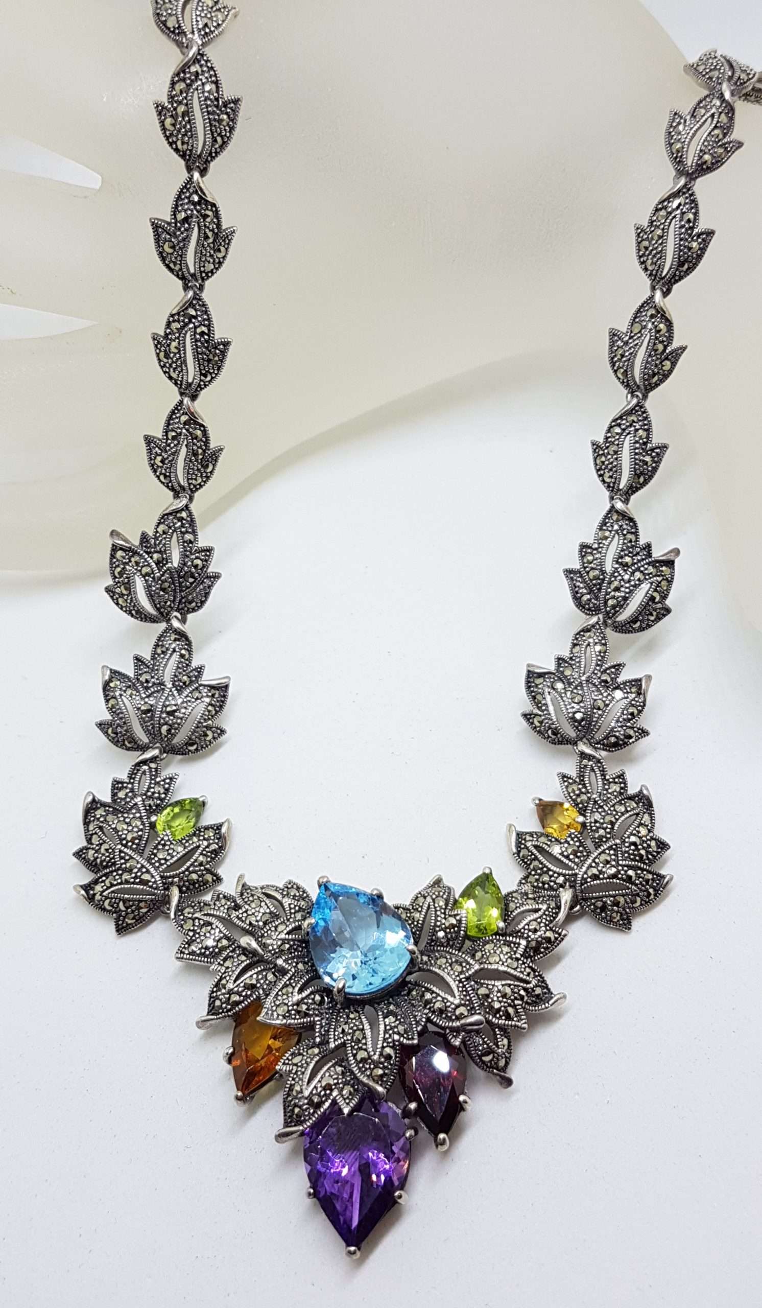 Sterling Silver Marcasite, Topaz, Amethyst, Garnet, Peridot and Citrine Ornate Leaf Collier Necklace / Chain