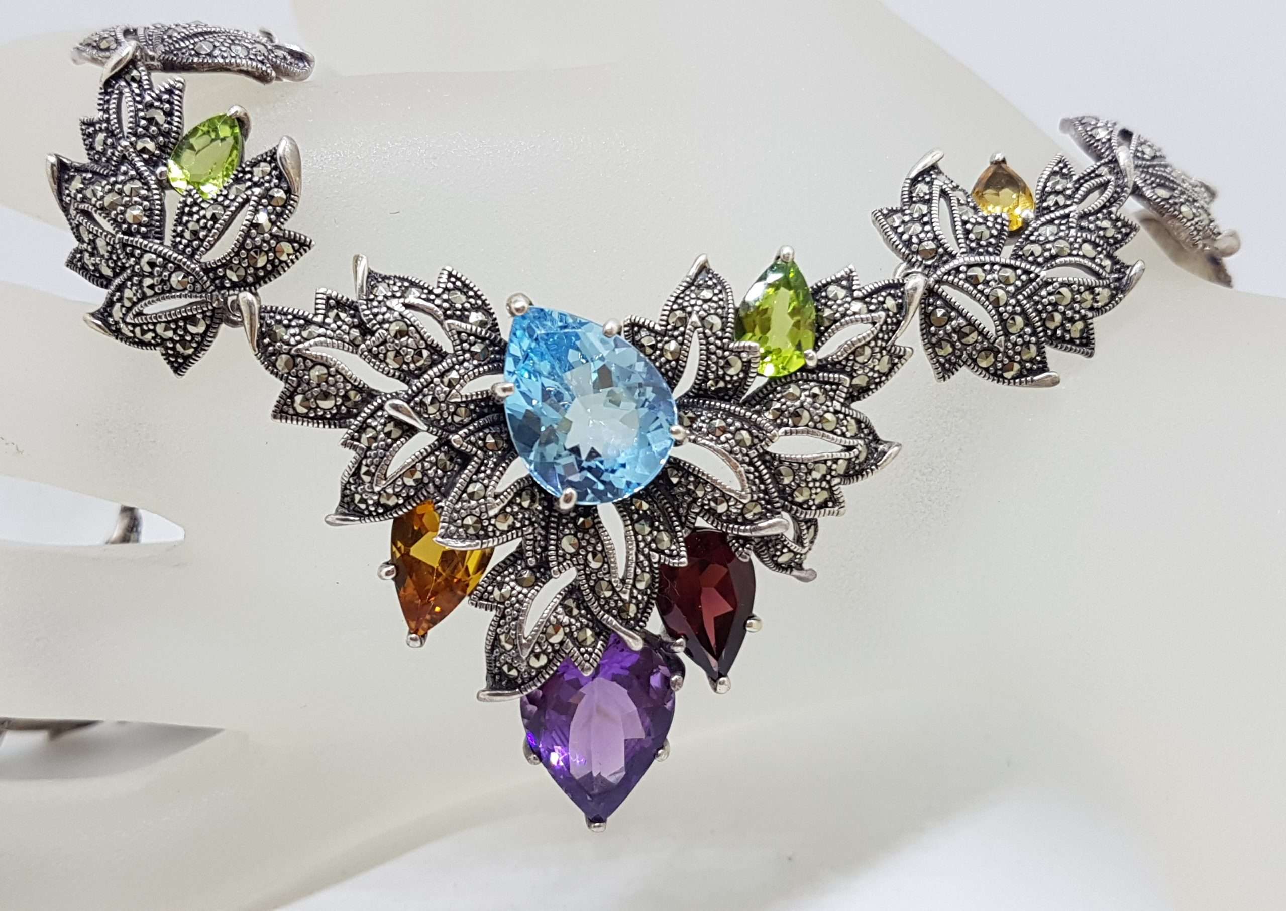Sterling Silver Marcasite, Topaz, Amethyst, Garnet, Peridot and Citrine Ornate Leaf Collier Necklace / Chain