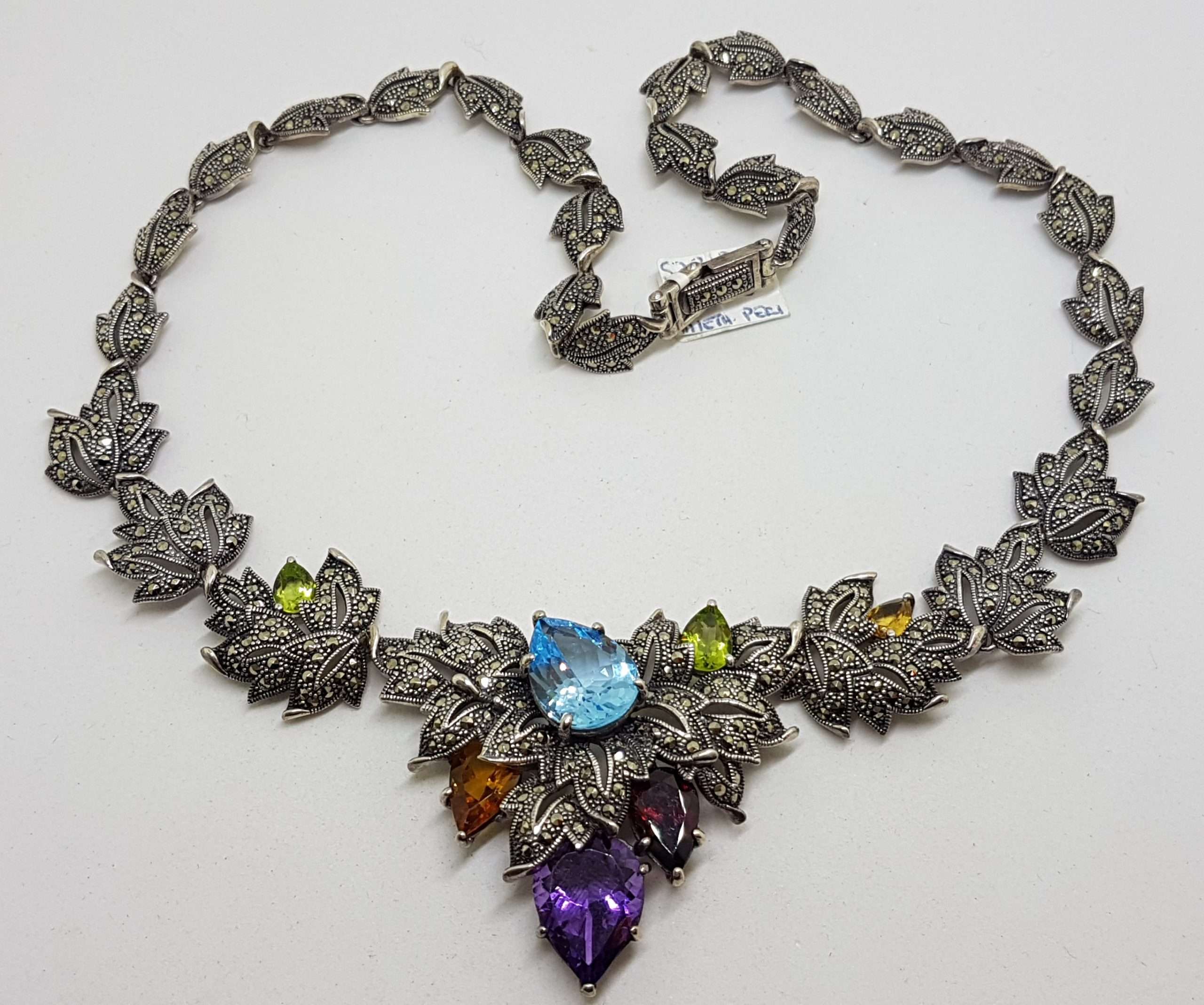 Sterling Silver Marcasite, Topaz, Amethyst, Garnet, Peridot and Citrine Ornate Leaf Collier Necklace / Chain