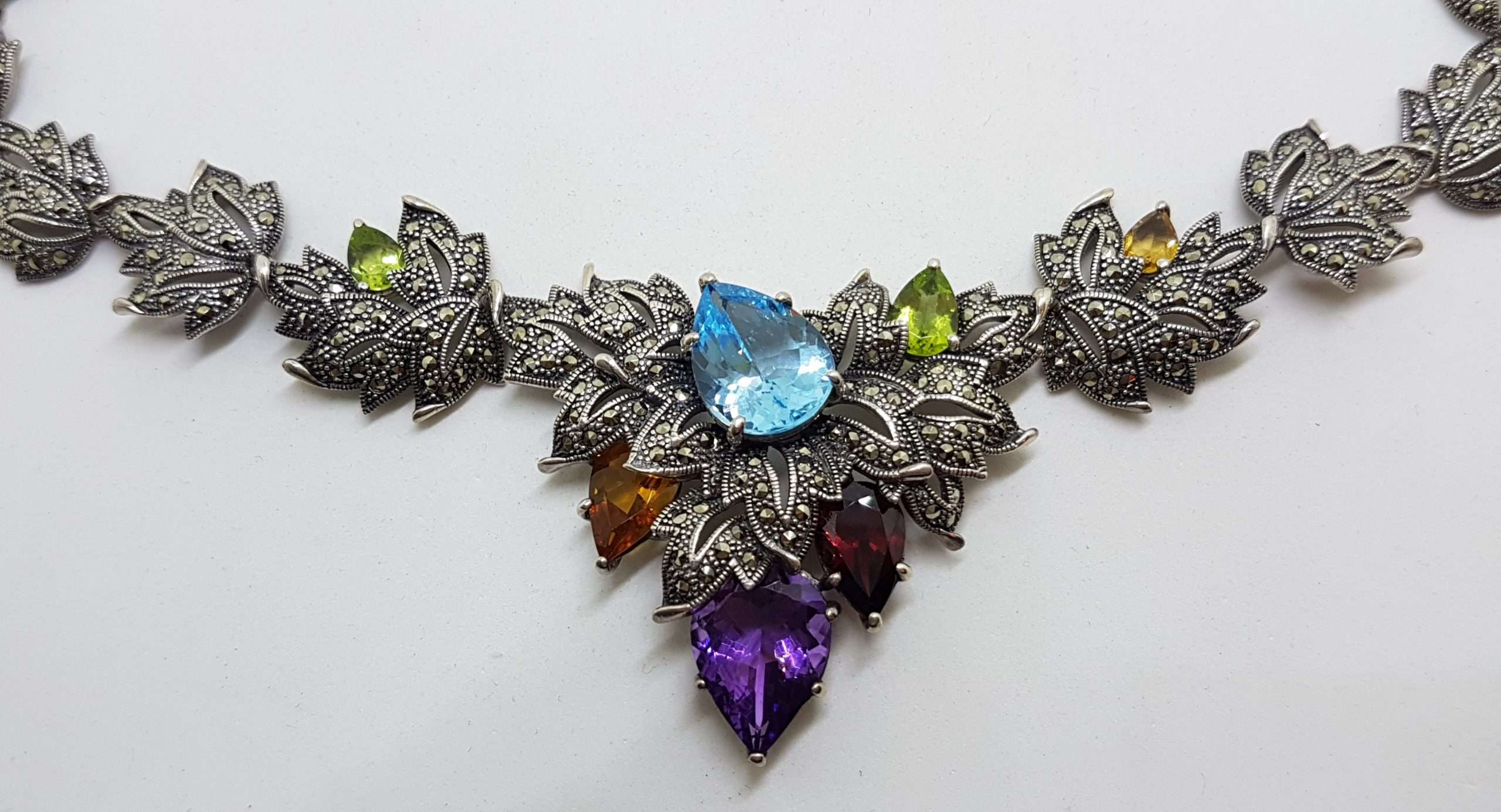 Sterling Silver Marcasite, Topaz, Amethyst, Garnet, Peridot and Citrine Ornate Leaf Collier Necklace / Chain